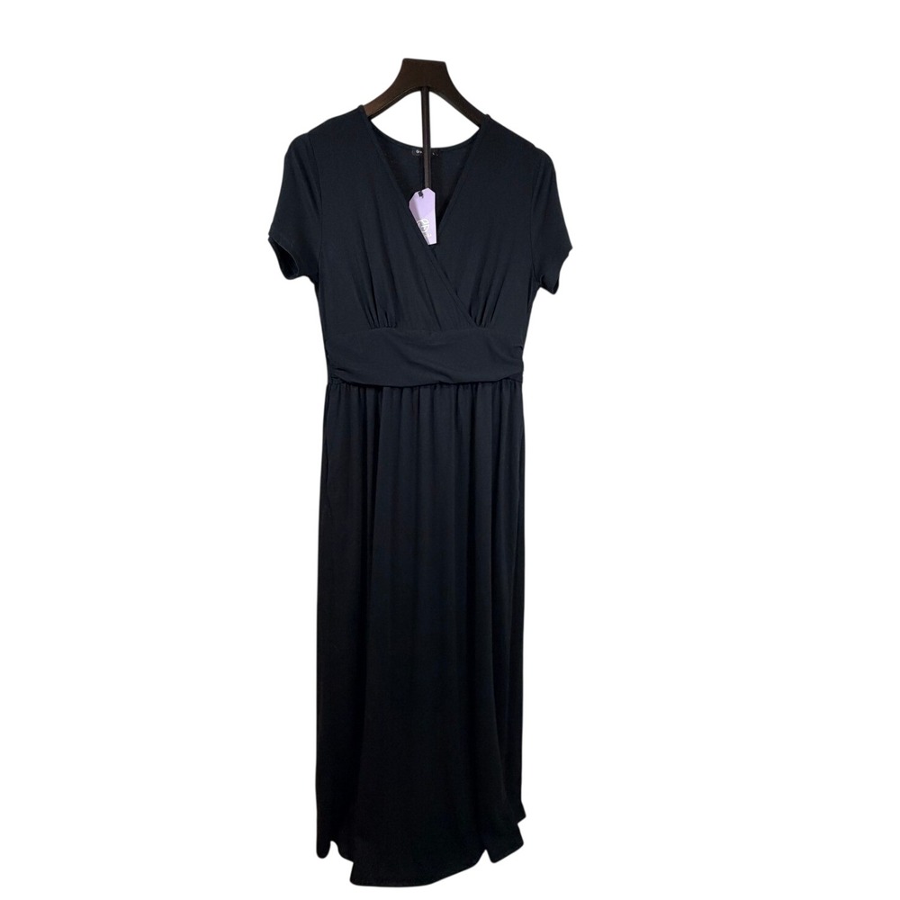 Gracyoga Womens Black Short Sleeve V-Neck Empire Waist Maxi Dress Large NWT